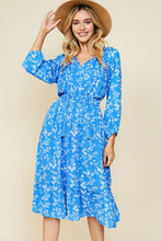 Load image into Gallery viewer, Womens Blue Floral Slit Neckline with Tassled Tie Midi Dress
