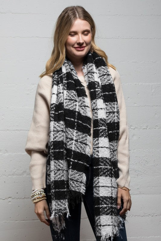 womens black and white brushed plaid scarf