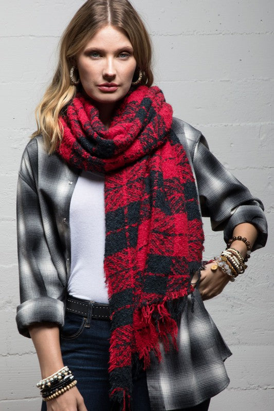 Womens Red and Black Plaid Scarf