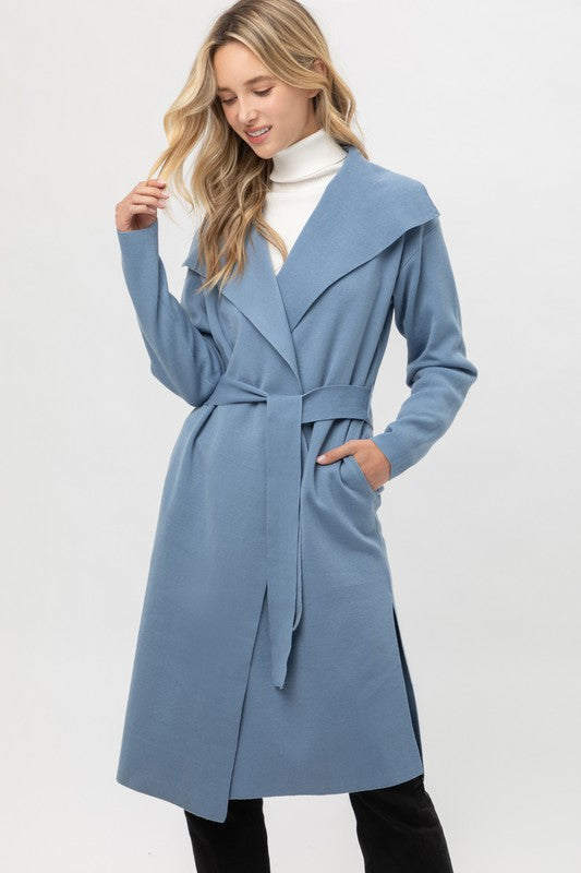 Womens Blue Wrapped Knit Coat with Ribbon Waist 