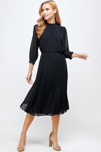 Womens Black Mock Neck Long Sleeve Pleated Midi Dress