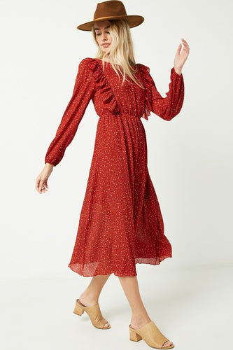Womens Dark Red Ruffle Long Sleeve Midi Dress
