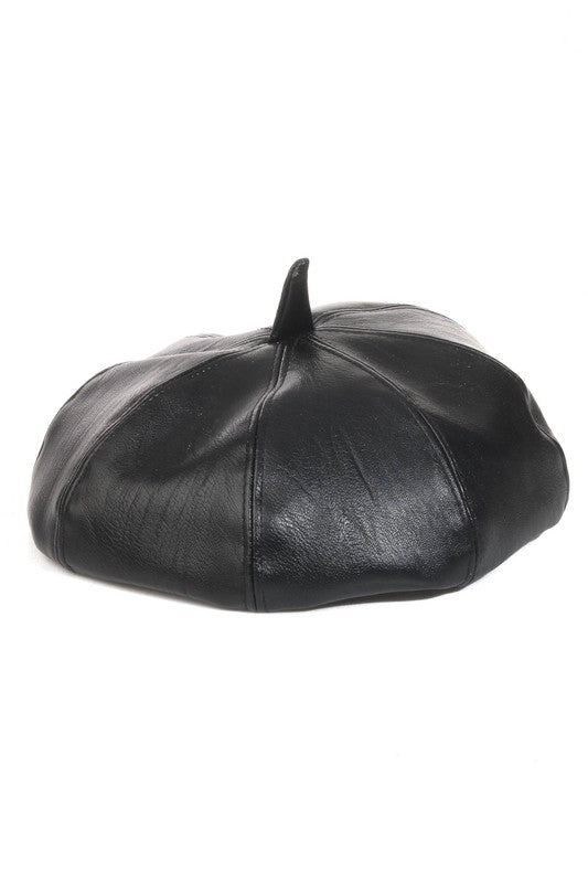 black faux leather beret