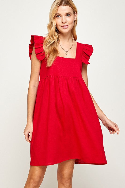 Womens Red Baby Doll Linen Dress