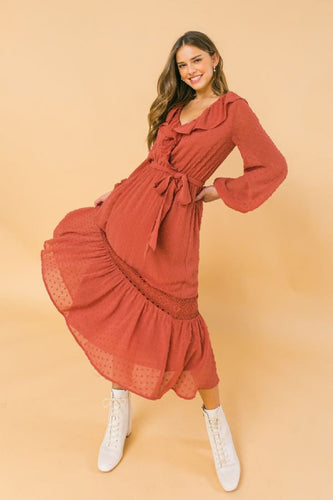 Womens Fall Rust Color Midi Dress