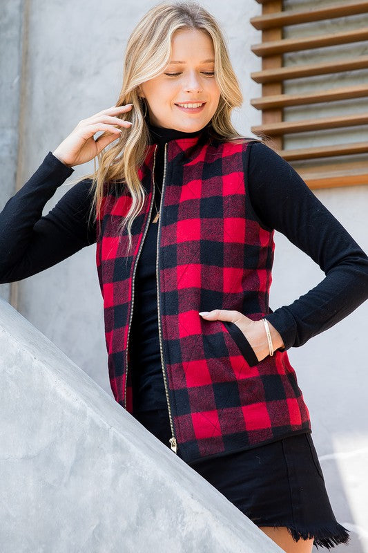 womens red plaid quilted vest