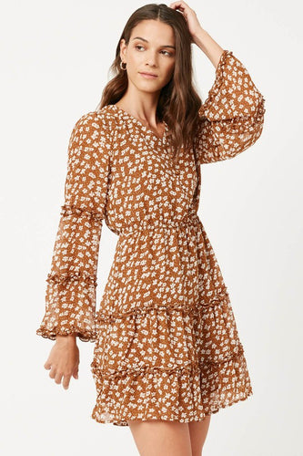 Womens Camel Trumpet Sleeve Mini Dress