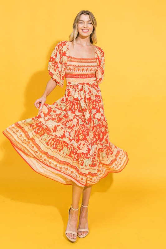 Womens Square Neckline Midi Red Printed Dress