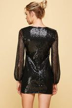 Load image into Gallery viewer, womens black sequin mini dress
