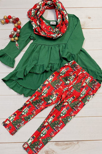 Girls Christmas Green Tunic with Nut Cracker Printed Leggings and Matching Scarf Set