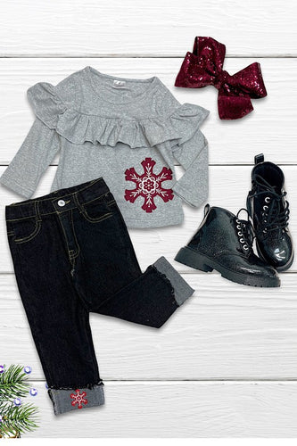 Girls Christmas Top and Denim Pants Set