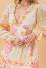 Load image into Gallery viewer, A printed woven mini dress featuring V-neckline with fully lined, ruffled edge, long sleeve with ruffled cuff, waist yoke, ruffled hemline, triangle back cut out with button and zipper closure.  Details Self: 100% Polyester Lining: 100% Polyester
