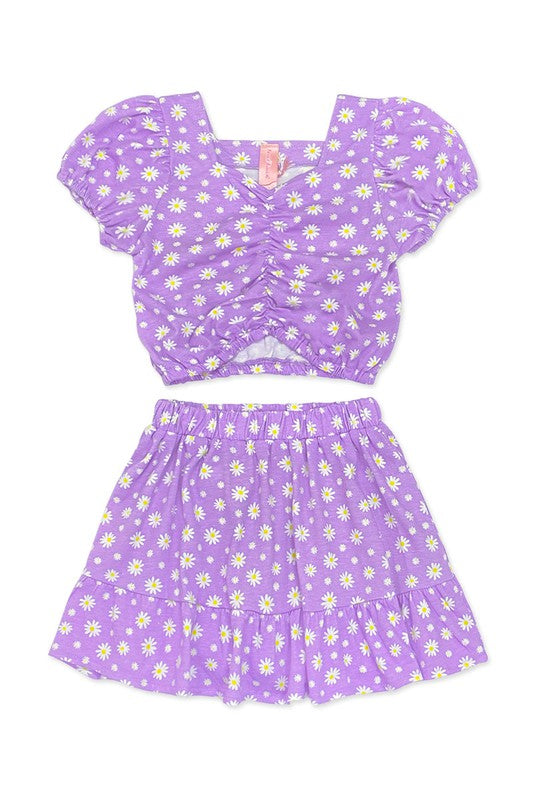 Girls Purple Daisy Top and Matching Skirt Set
