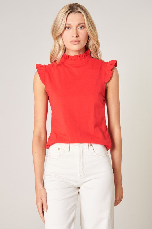 Womens Red Ruffled Mock Neck Top