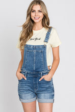 Load image into Gallery viewer, Womens Medium Wash Cuffed Hem Short Overalls
