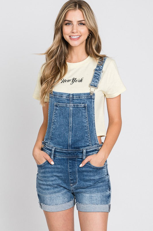 Womens Medium Wash Cuffed Hem Short Overalls