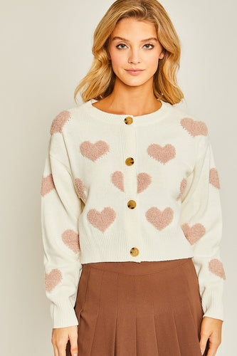 Womens Ivory Heart Pattern Sweater Cardigan