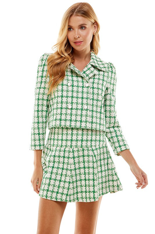 Womens Green Plaid Tweed Skirt Set