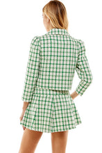 Load image into Gallery viewer, Womens Green Plaid Tweed Cropped Double Breasted Jacket with cropped puff sleeves
