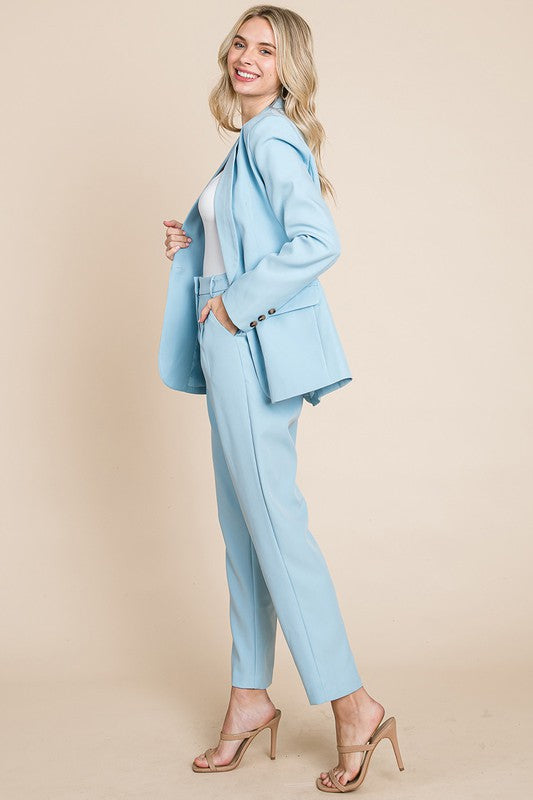Womens Blue Single Breasted Blazer and High Waisted Pants Set