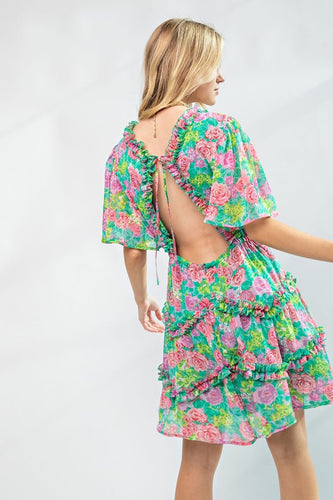 Womens Green Open Back Ruffled Dress