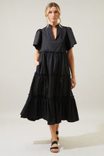 Load image into Gallery viewer, Womens Black Split Neckline Poplin Tiered Side Pocket Midi Dress
