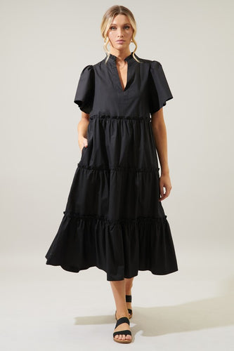 Womens Black Split Neckline Poplin Tiered Side Pocket Midi Dress