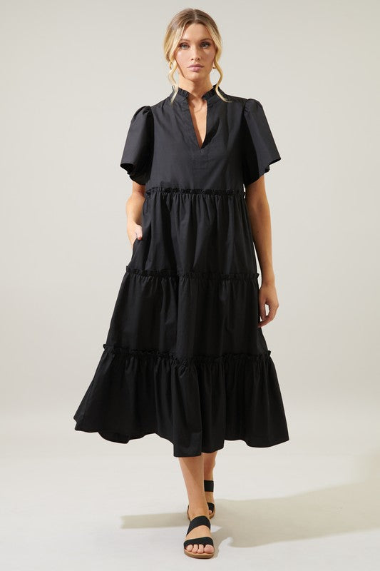 Womens Black Split Neckline Poplin Tiered Side Pocket Midi Dress