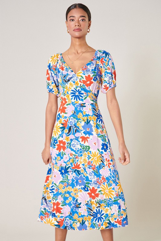 Womens Blue Floral Fit and Flare Midi Dress