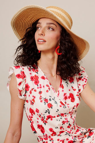 Womens Natural Strip Straw Panama Hat