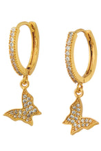 Load image into Gallery viewer, womens butterfly yellow gold with rhinestones huggies earrings
