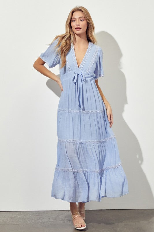 Womens Blue low V-neckline maxi dress