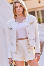 Load image into Gallery viewer, Womens White Round Neck Tacking Tweed Blazer with Matching Short Set
