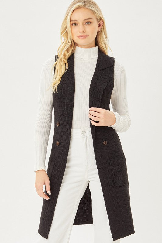 Womens Black Sleeveless Long Cardigan Vest - Lovell Boutique