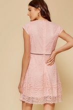 Load image into Gallery viewer, Constructed with lace stretch fabric, this dress features cap sleeves and an intricate lace inset.
