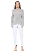Load image into Gallery viewer, womens grey choker neck high low sweater top
