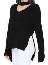 Load image into Gallery viewer, Womens Black Choker Neck Side Split Sweater top
