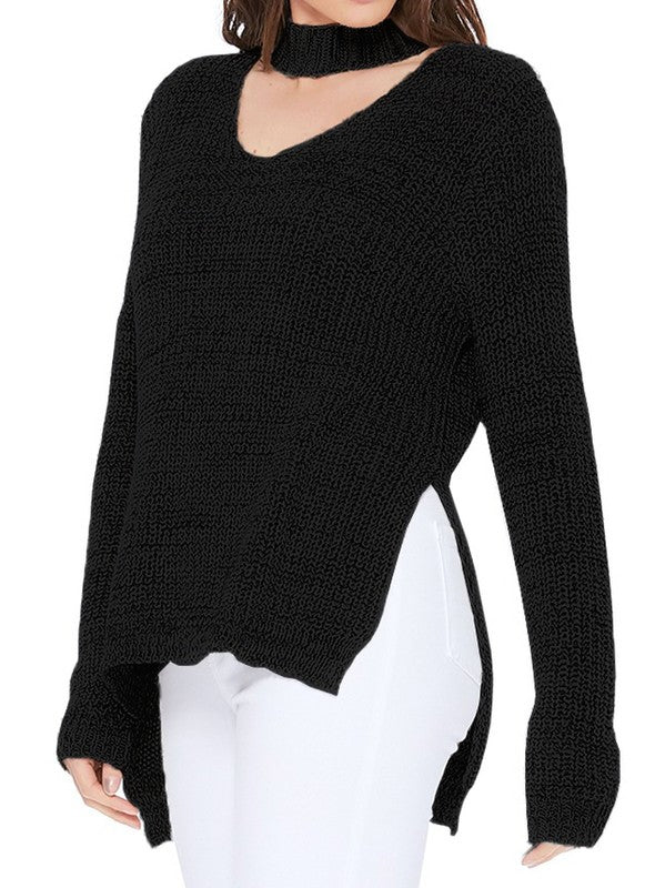 Womens Black Choker Neck Side Split Sweater top