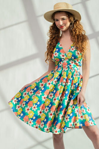 Womens Green Floral Printed Poplin Halter Dress