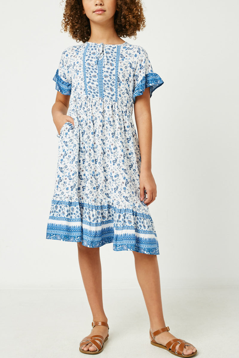Girls Blue Flutter Sleeve Midi Dress