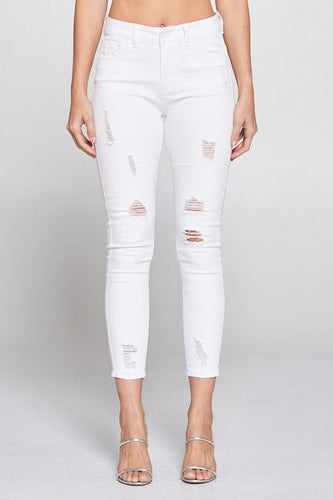 Womens White High-Rise Distressed Skinny Jeans