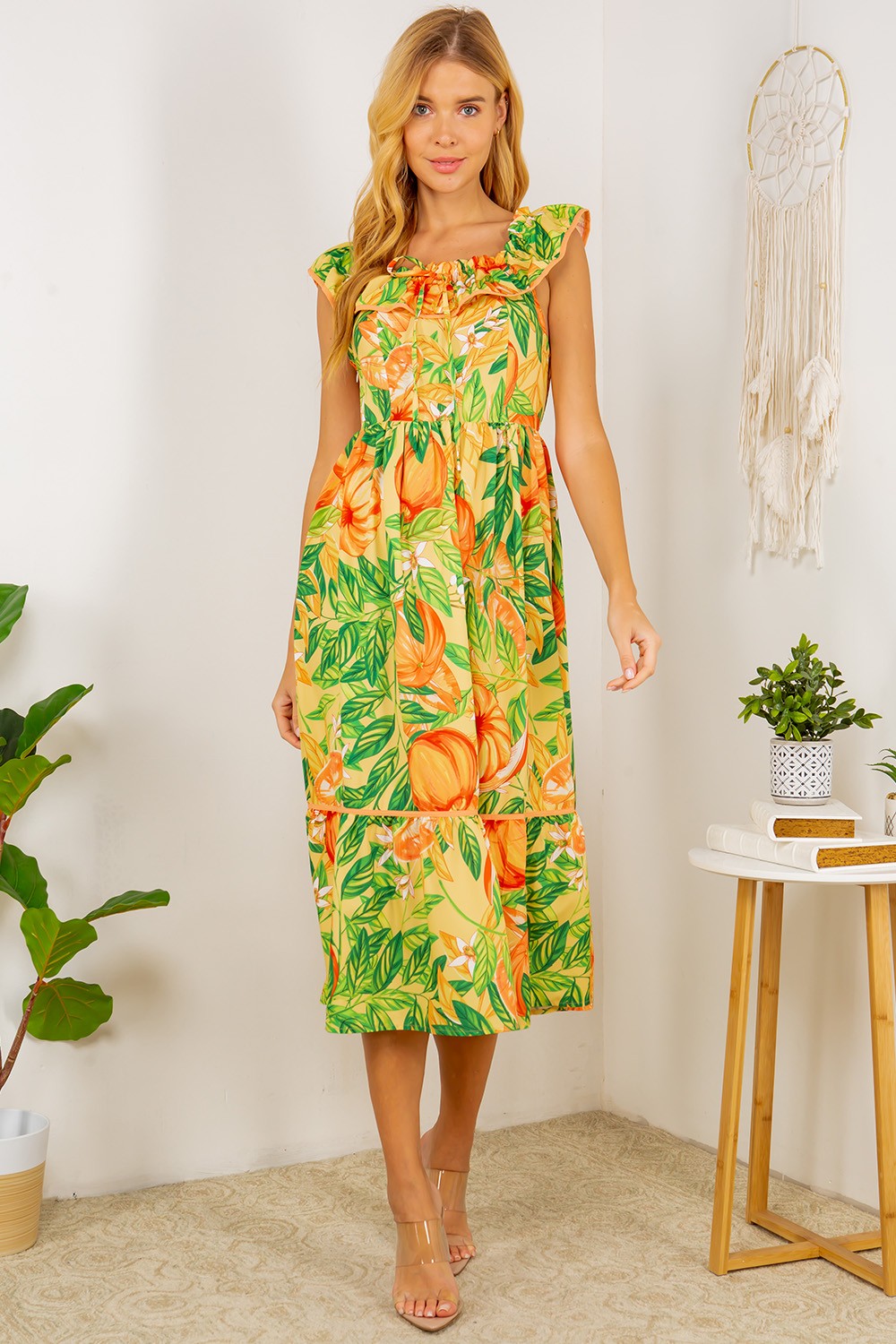 Womens Pumpkin Printed Midi Dress