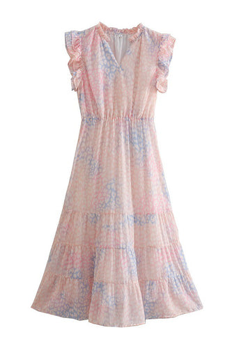 Womens  pink leopard printed midi dress sleeveless, V-Neckline, tiny ruffled trims on the sleeves, elastic waist and fully lined midi dress