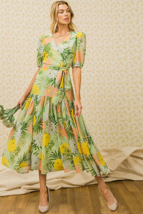 Beryl Tropical Green Short Sleeve Midi Dress