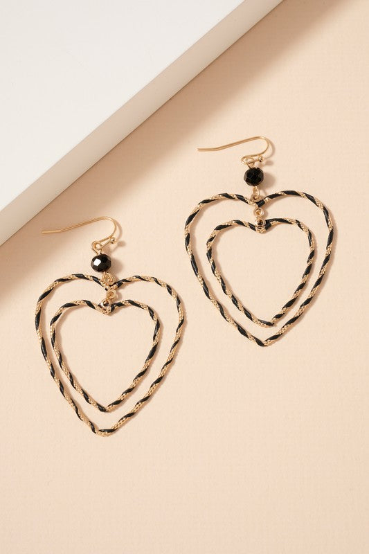 Womens Black Double Heart Dangle Earrings